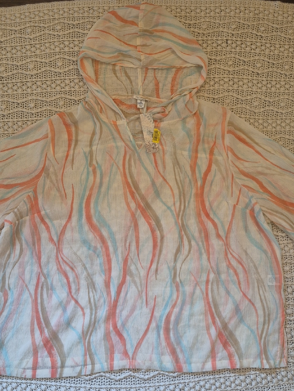 nwt BECHAMEL beach Cover Up 3X Semi-sheer Coastal Hoodie Coral Ocean Wave Print